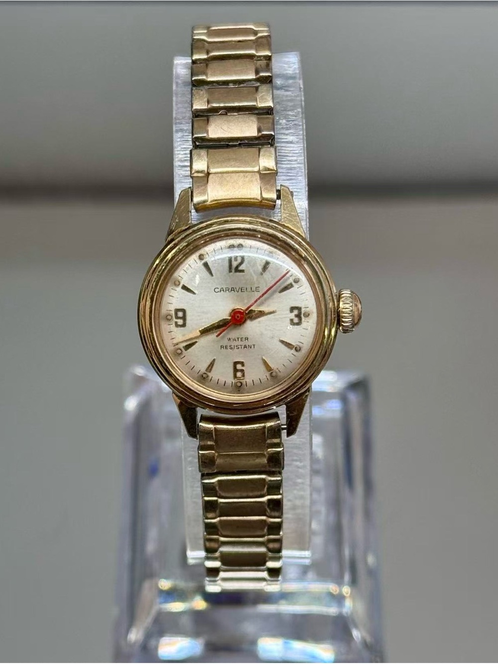 Vintage Caravelle Women’s Manual Wind Watch 20mm Gold Tone Stretch Band Runs